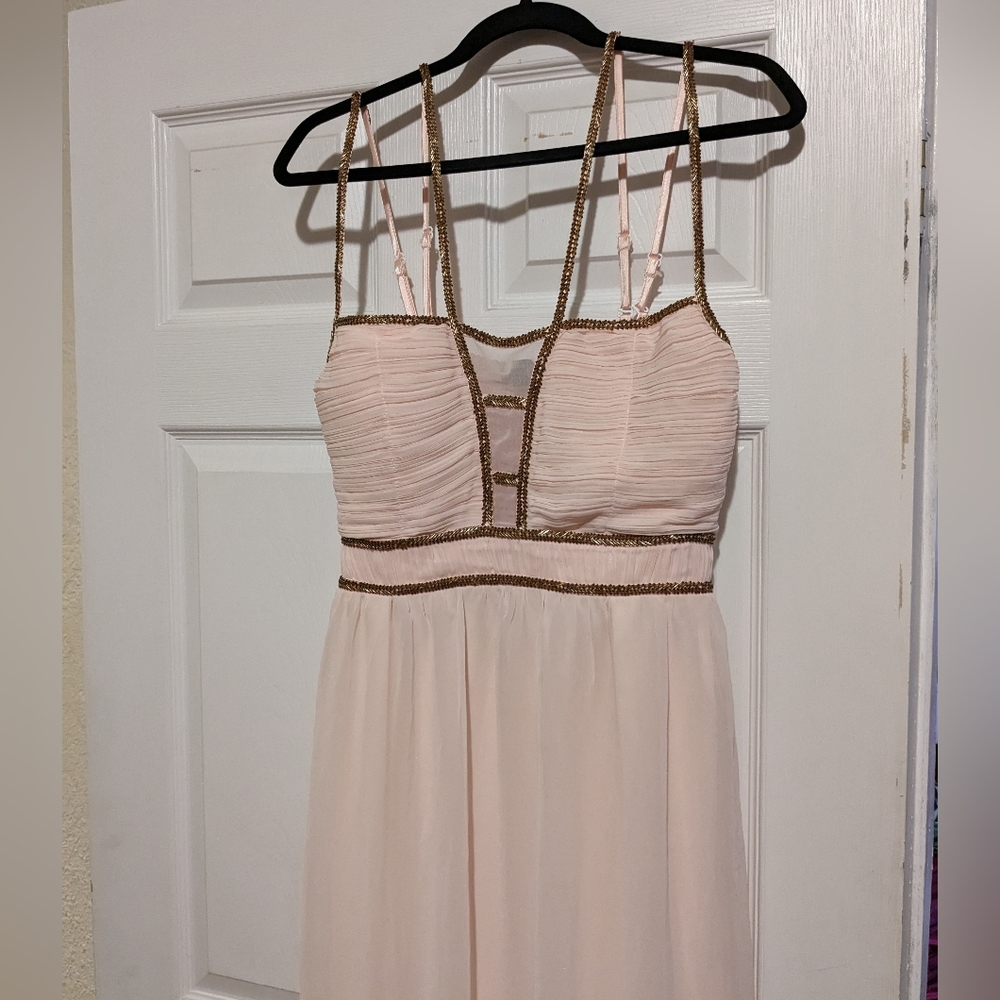 Long formal gown Soft pink goddess dress beautiful gold beads